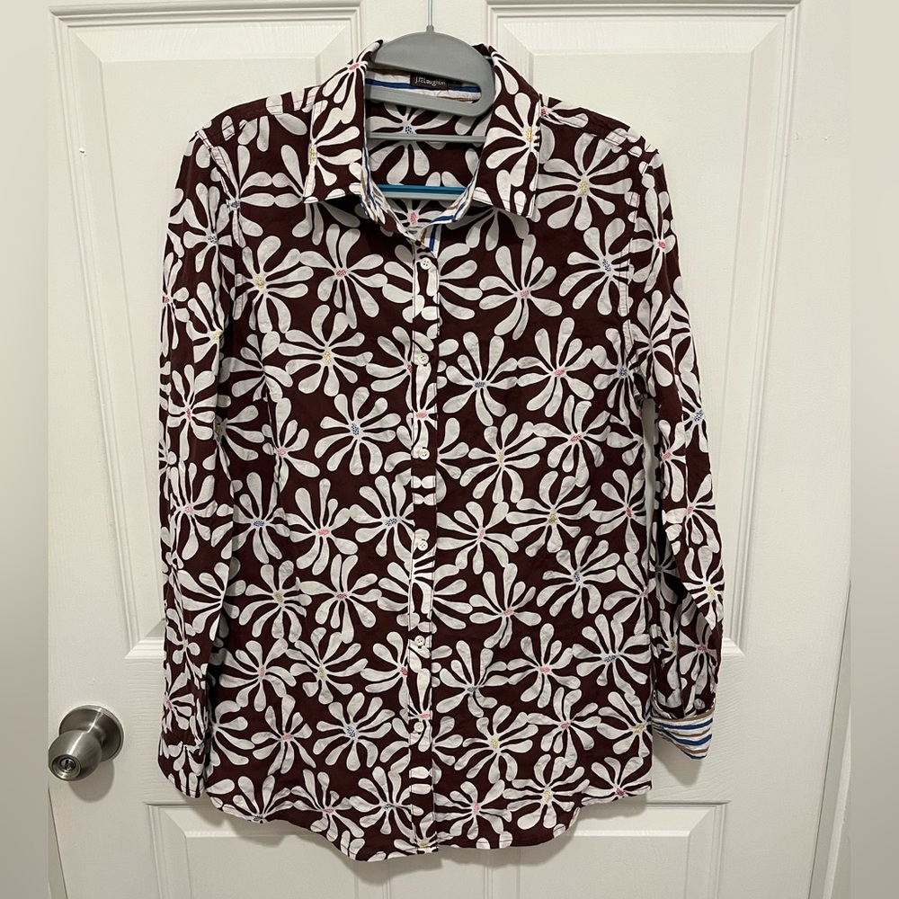 J. McLaughlin Floral Brown White Button Down Textured Shirt size S - Picture 2 of 13